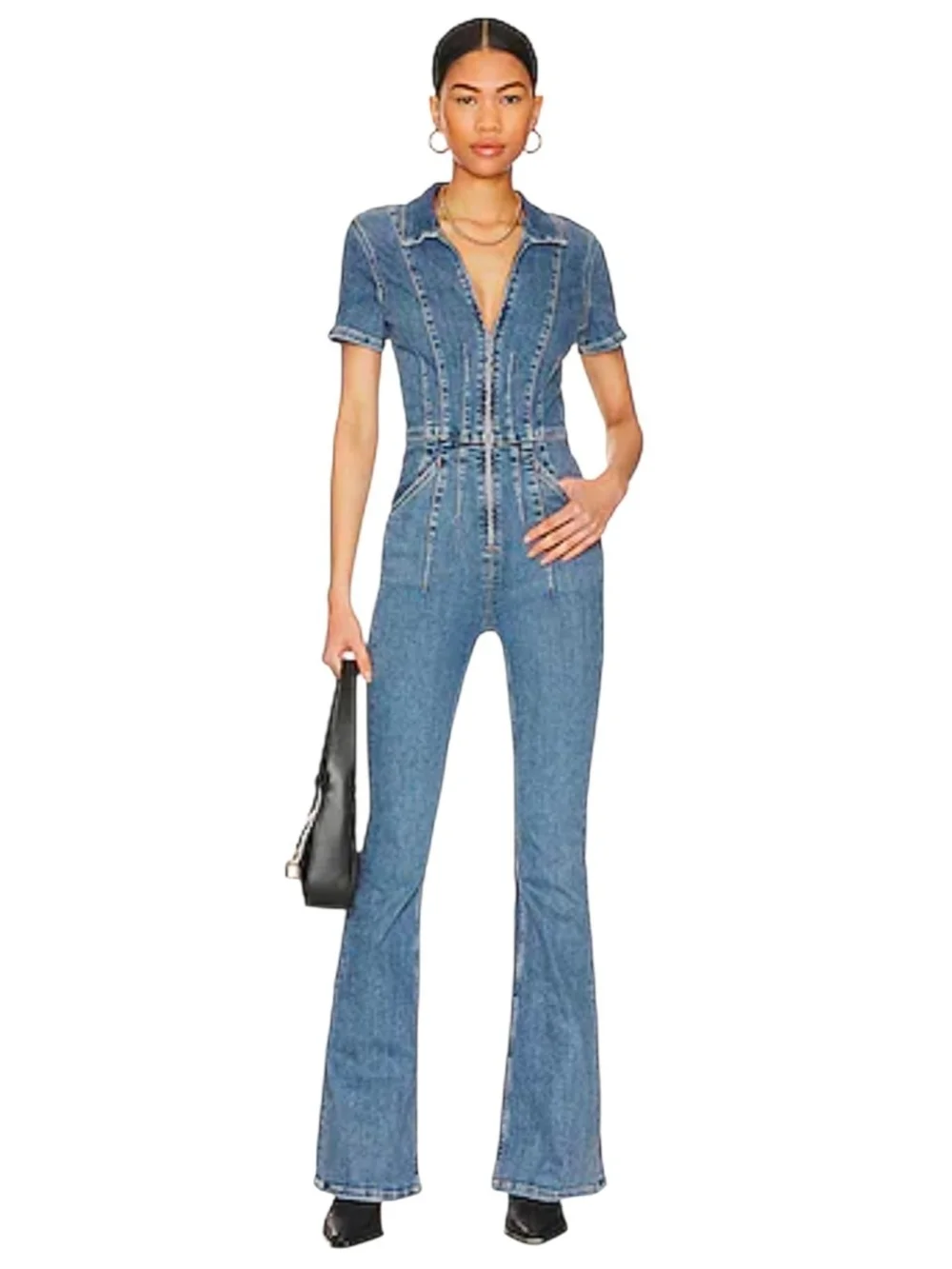 Free People Jayde Flare Denim Jumpsuit Sunburst Blue XS NWT